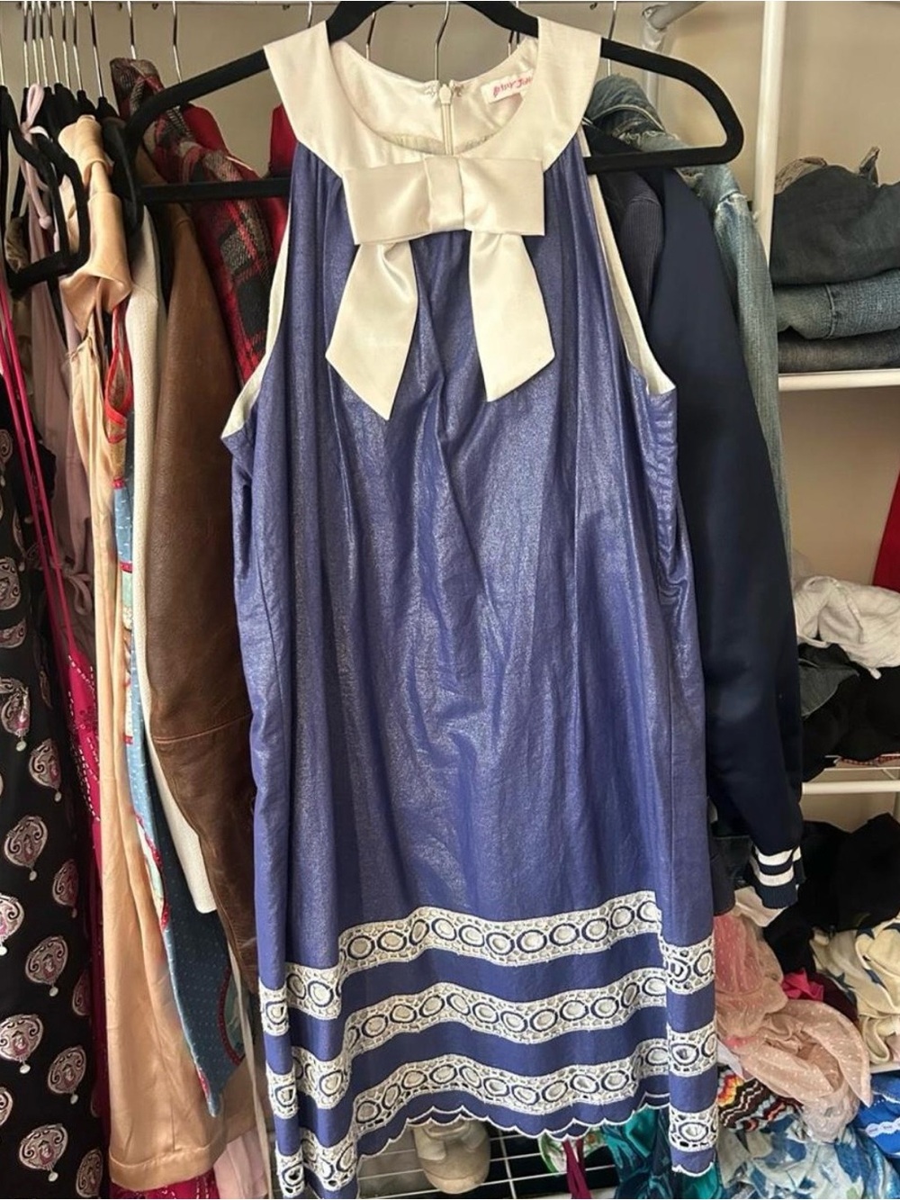 Betsey Johnson Blue and Cream Bow-Accent Sleeveless Dress